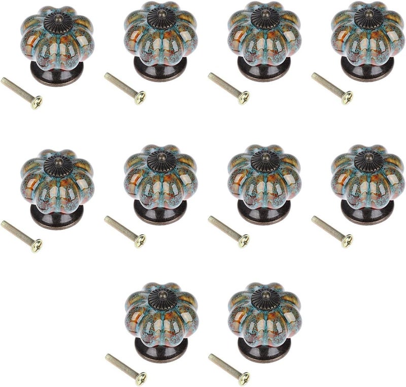 Mgoodoo 10PCS 1.57'' Pumpkin Knobs, Vintage Ceramic Cabinet Knobs, Decorative Drawer Handle for Dresser Closet Cupboard Door Pulls Handles Blue - Image 1